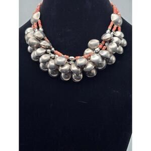 Vintage 950 Silver Coral Bib Necklace 17” Artisan Mexico